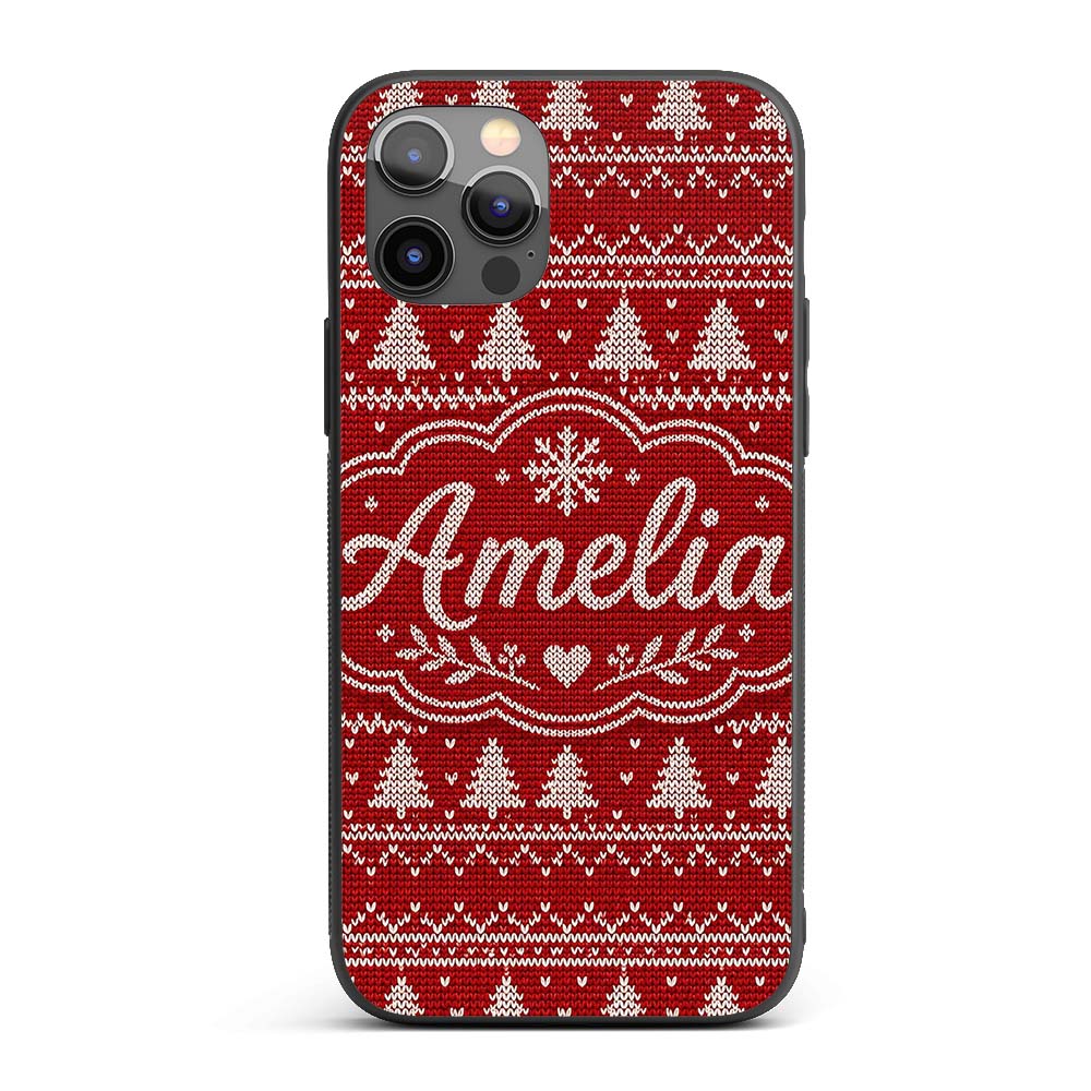 Classic Red White Nordic Knit Snowflake Stripe Custom Name Protective Phone Case Mobile Cover Durable Everyday Smartphone Shock Resistant
