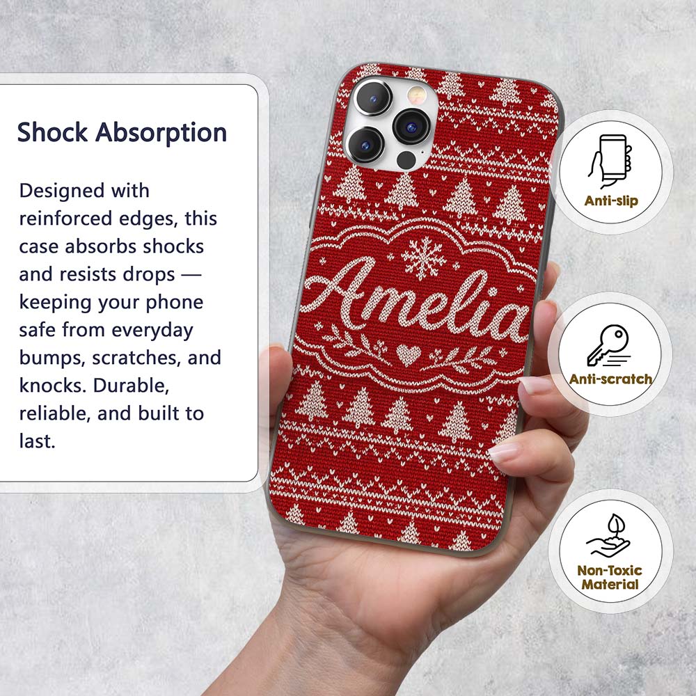 Classic Red White Nordic Knit Snowflake Stripe Custom Name Protective Phone Case Mobile Cover Durable Everyday Smartphone Shock Resistant