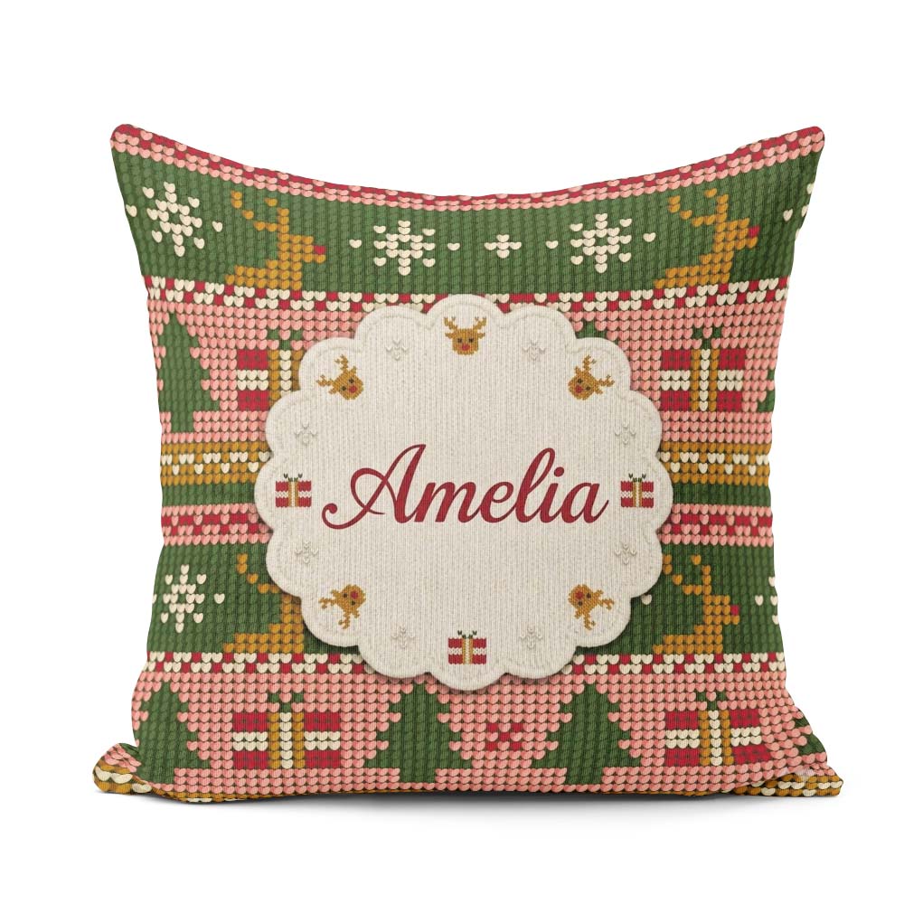 Custom Name Scandinavian Deer Snowflake Knit Green Pink Festive Square Filled Cushion Throw Pillow Sofa Bed Home Decor Zip Washable UK Made