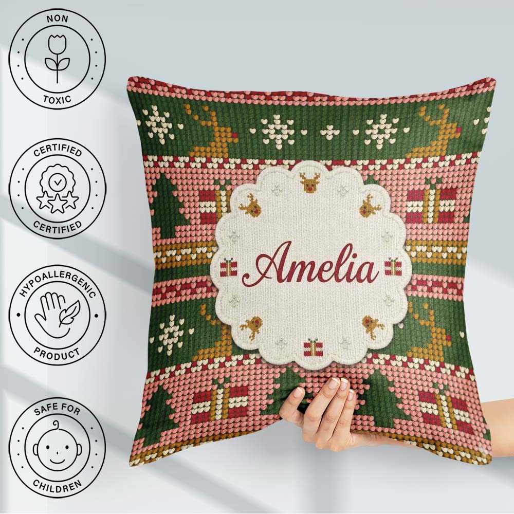 Custom Name Scandinavian Deer Snowflake Knit Green Pink Festive Square Filled Cushion Throw Pillow Sofa Bed Home Decor Zip Washable UK Made