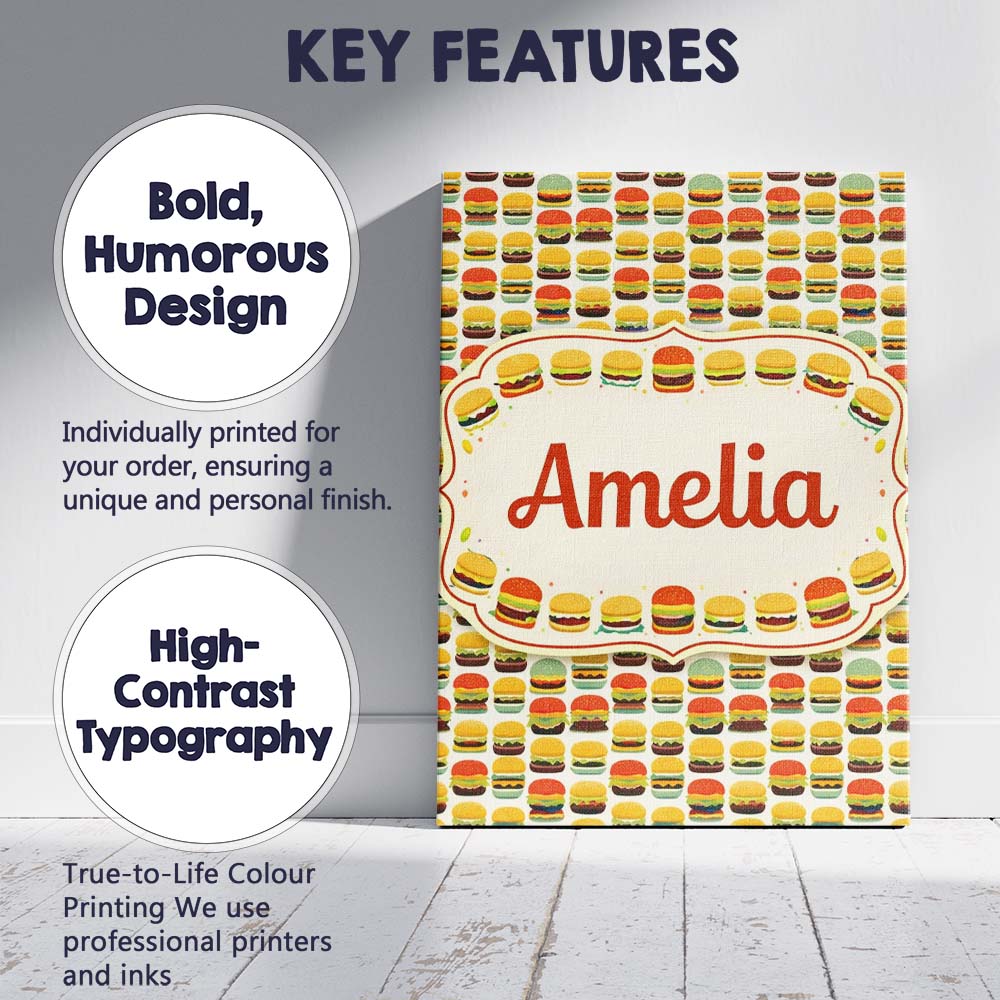 Personalised Name Cute Burger Cartoon Seamless Pattern Fast Food Custom Interior Canvas Wall Art Print Decor Picture Ready to Hang