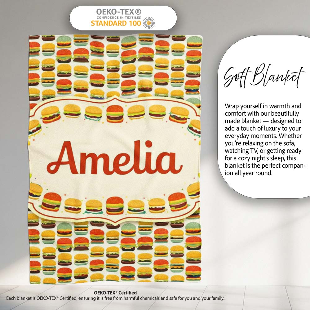 Cute Burger Cartoon Seamless Pattern Fast Food Snack Design Lovely Personalised Custom Name Super Soft Fleece Blanket Bed Sofa Throw