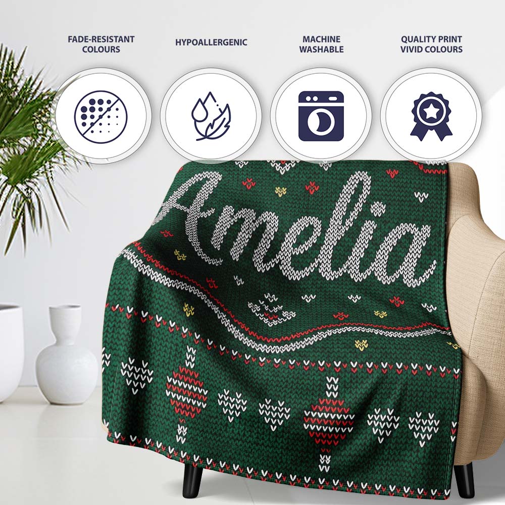 Nordic Ornament Christmas Tree Knit Green Red White Festive Seamless Personalised Custom Name Super Soft Fleece Blanket Bed Sofa Throw