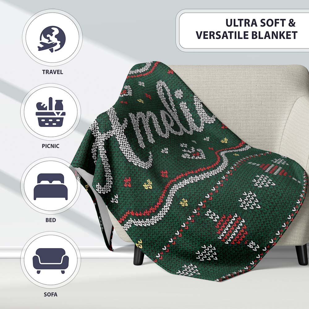 Nordic Ornament Christmas Tree Knit Green Red White Festive Seamless Personalised Custom Name Super Soft Fleece Blanket Bed Sofa Throw