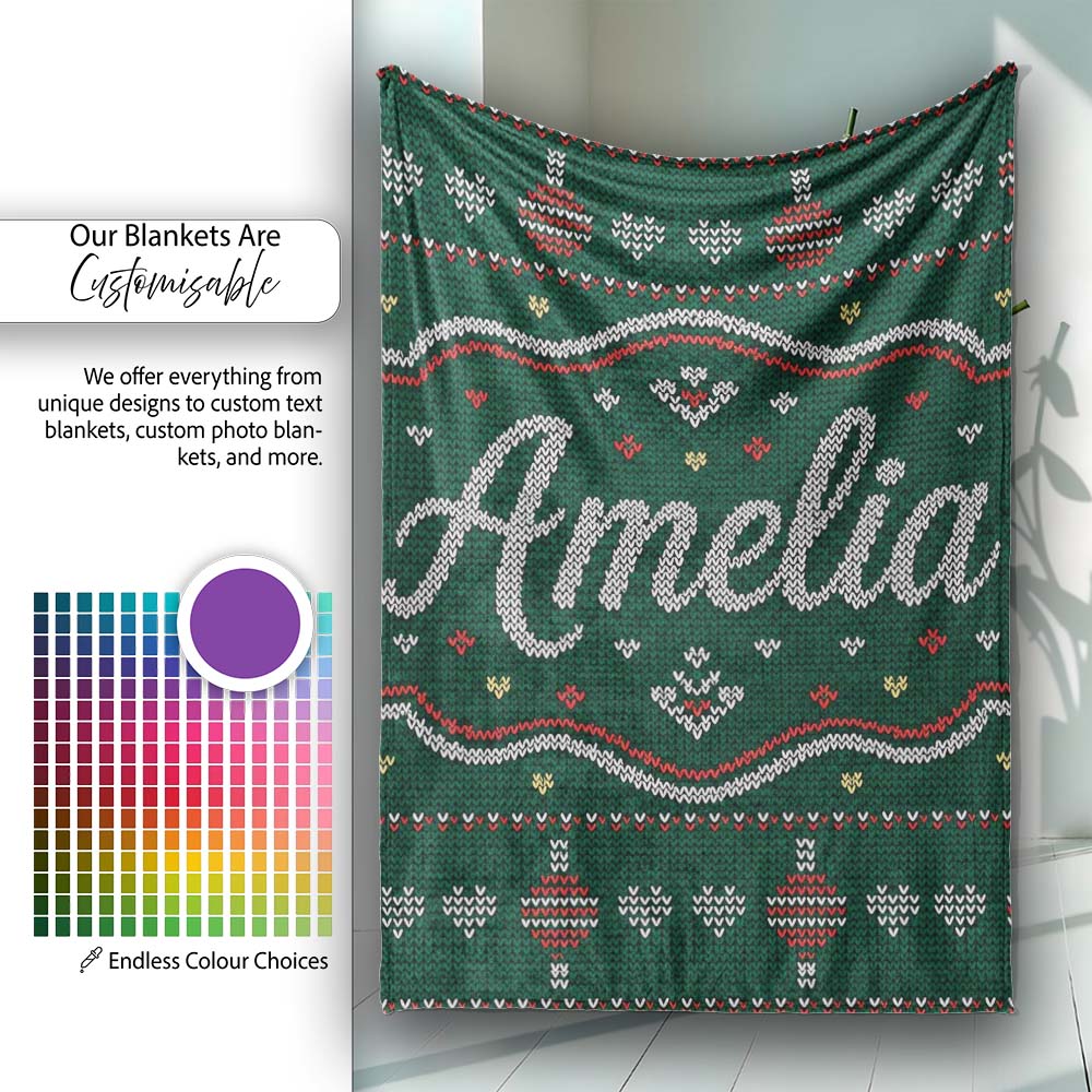 Nordic Ornament Christmas Tree Knit Green Red White Festive Seamless Personalised Custom Name Super Soft Fleece Blanket Bed Sofa Throw