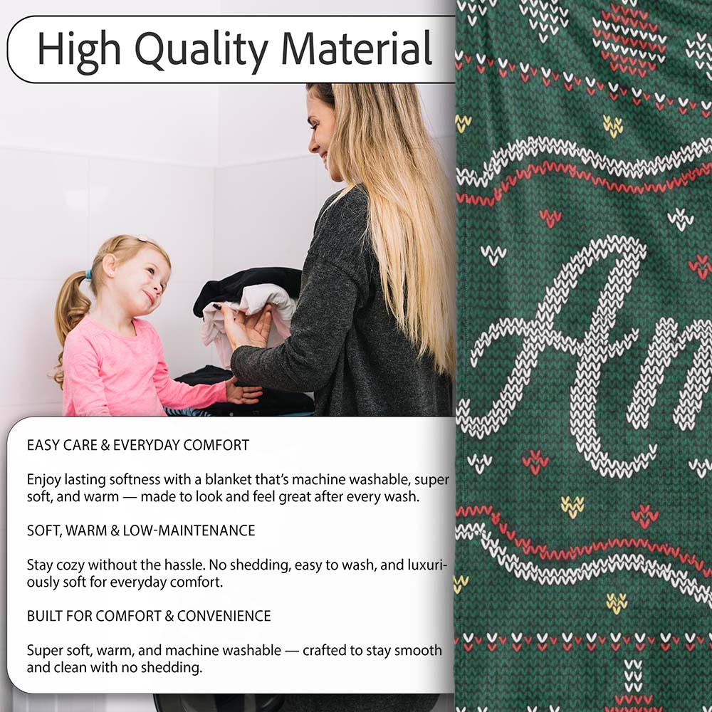 Nordic Ornament Christmas Tree Knit Green Red White Festive Seamless Personalised Custom Name Super Soft Fleece Blanket Bed Sofa Throw