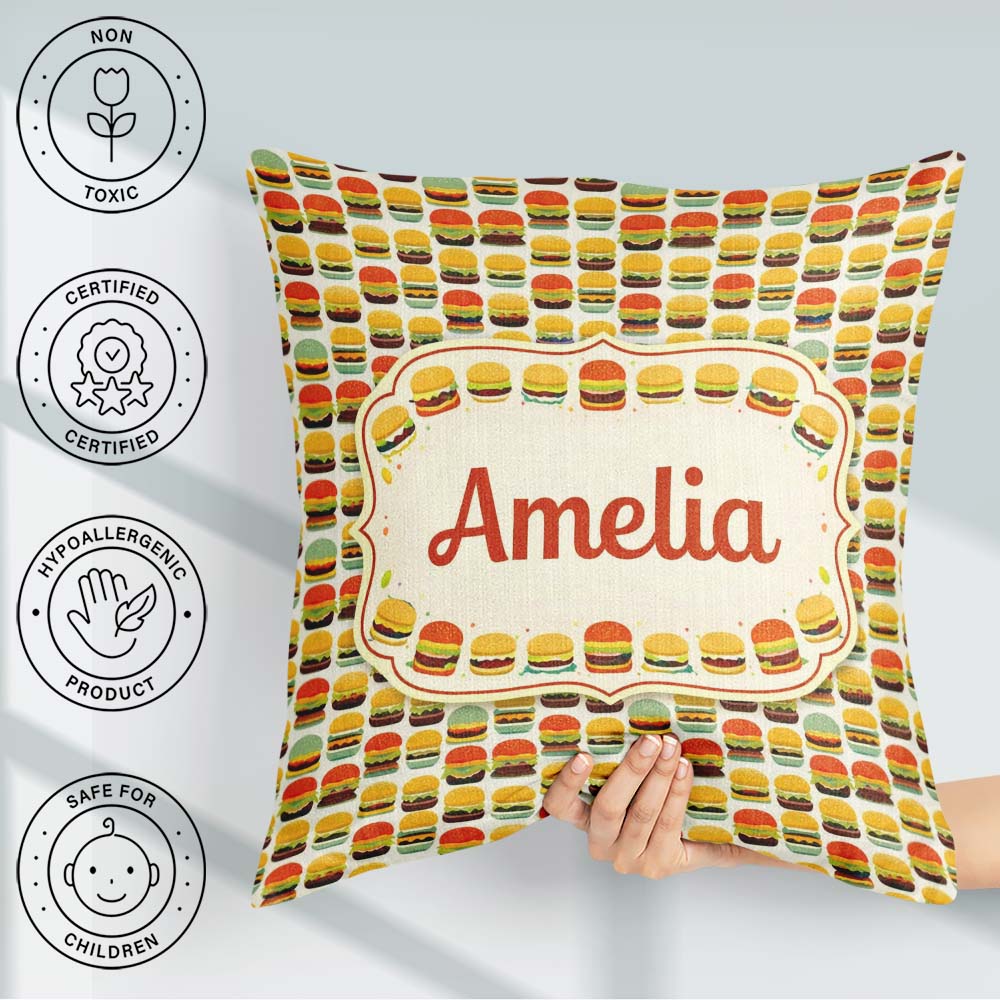 Custom Name Cute Burger Cartoon Seamless Pattern Fast Food Snack Square Filled Cushion Throw Pillow Sofa Bed Home Decor Zip Washable UK Made