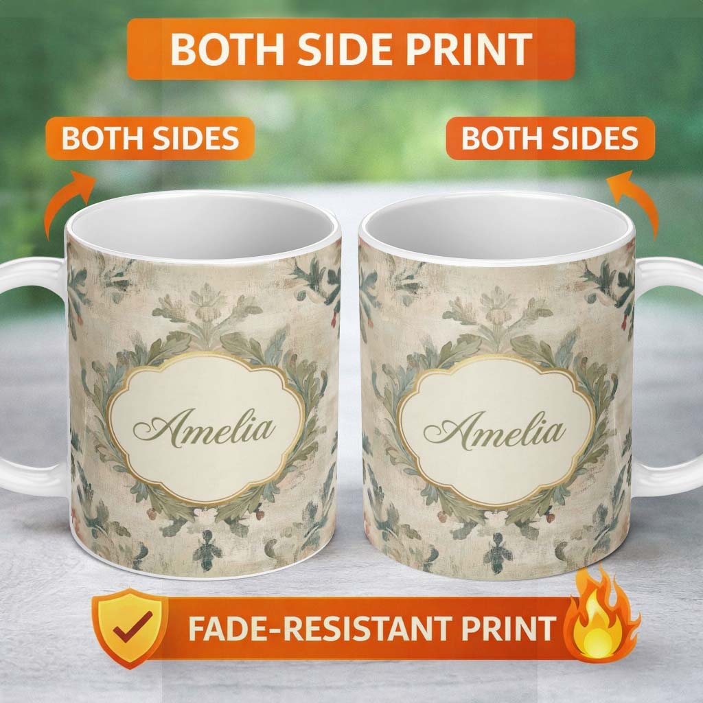 Personalized Custom Name Distressed Vintage Floral Damask Soft Muted Background Seamless 11oz Ceramic Coffee Tea Mug White Large Handle