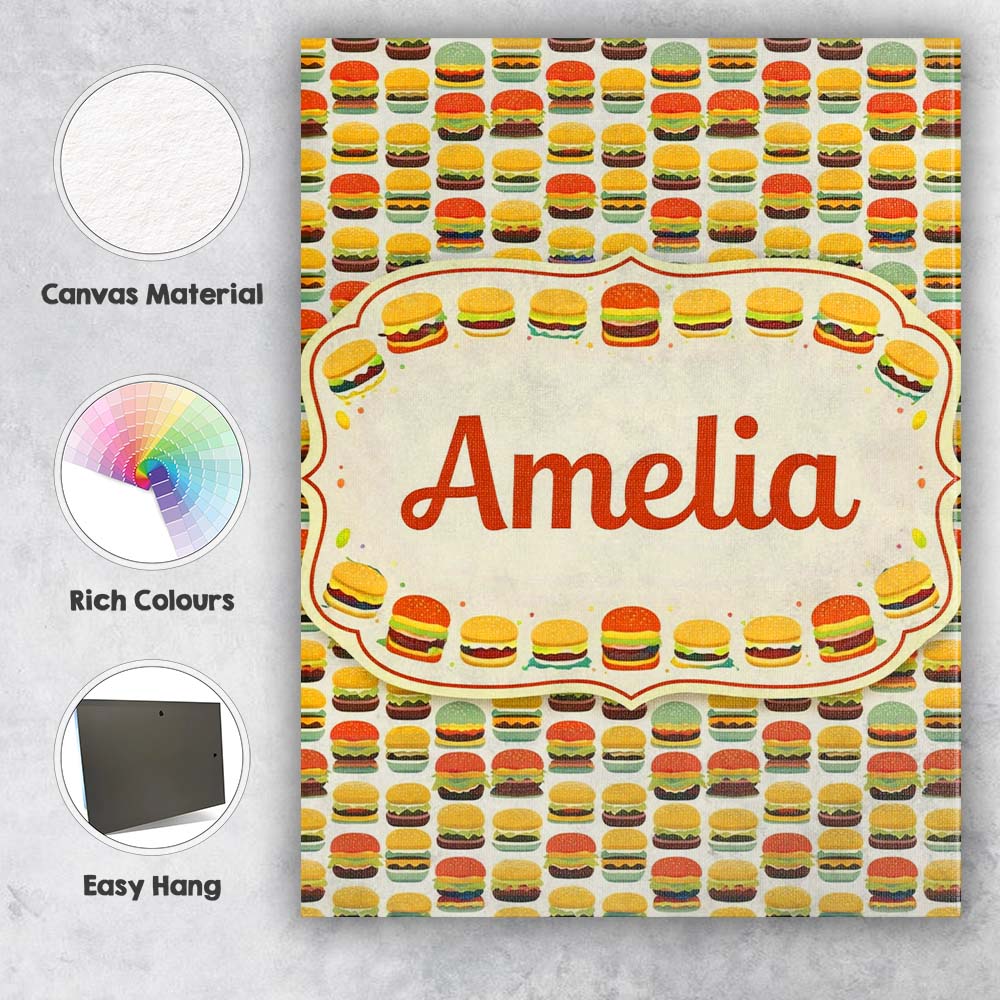 Personalised Name Cute Burger Cartoon Seamless Pattern Fast Food Custom Interior Canvas Wall Art Print Decor Picture Ready to Hang