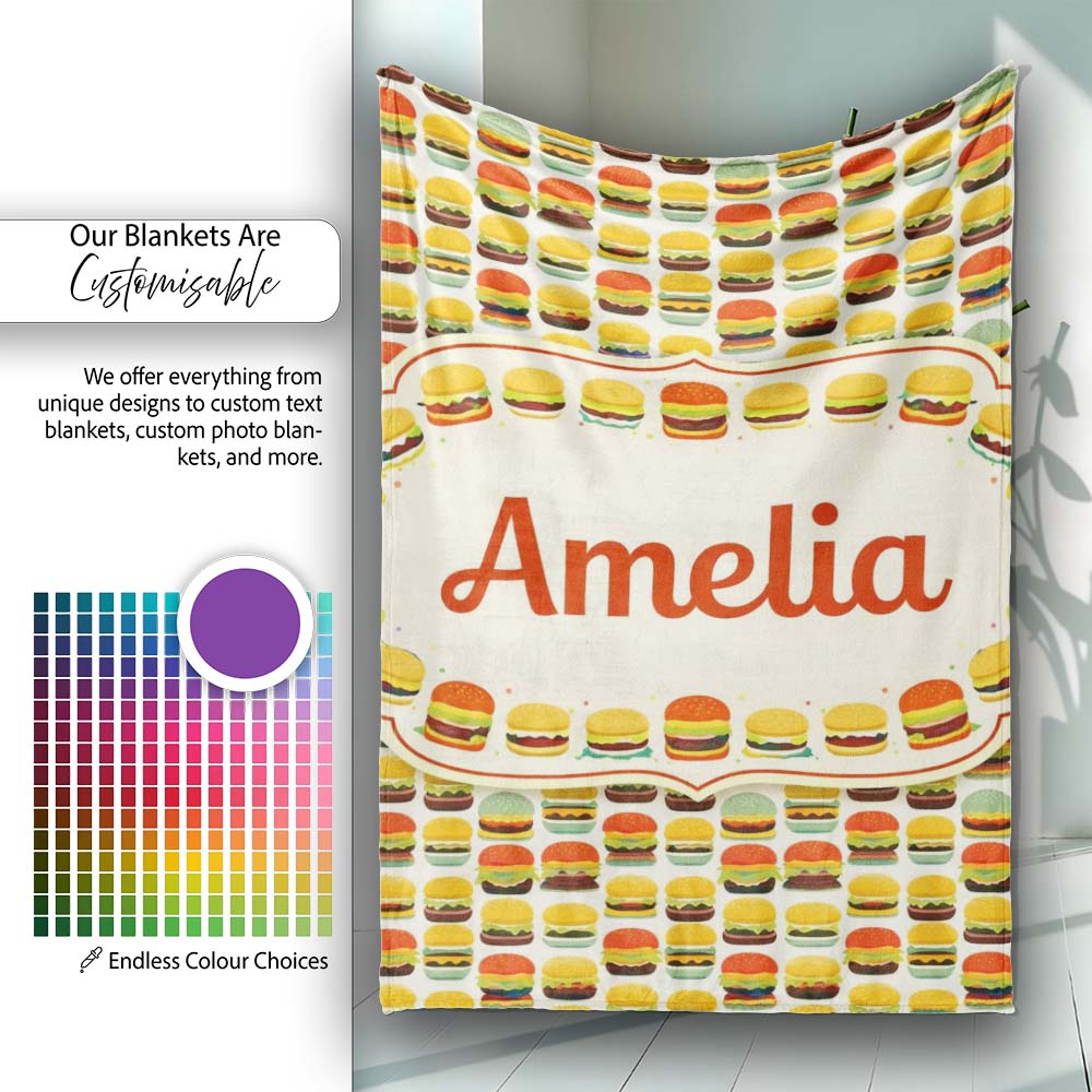 Cute Burger Cartoon Seamless Pattern Fast Food Snack Design Lovely Personalised Custom Name Super Soft Fleece Blanket Bed Sofa Throw