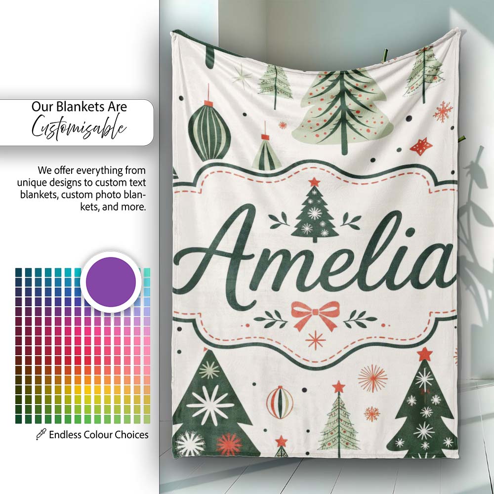 Vintage Style Christmas Trees Ornaments Snowflakes Festive Seamless Personalised Custom Name Super Soft Fleece Blanket Bed Sofa Throw