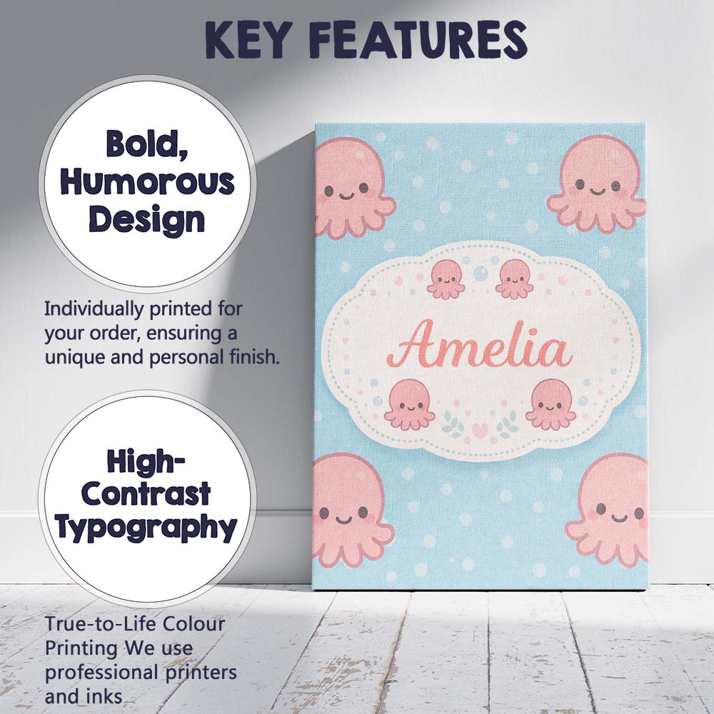 Personalised Name Cute Pink Octopus Cartoon Sea Animal Pattern Custom Modern Room Accent Canvas Wall Art Print Decor Picture Ready to Hang