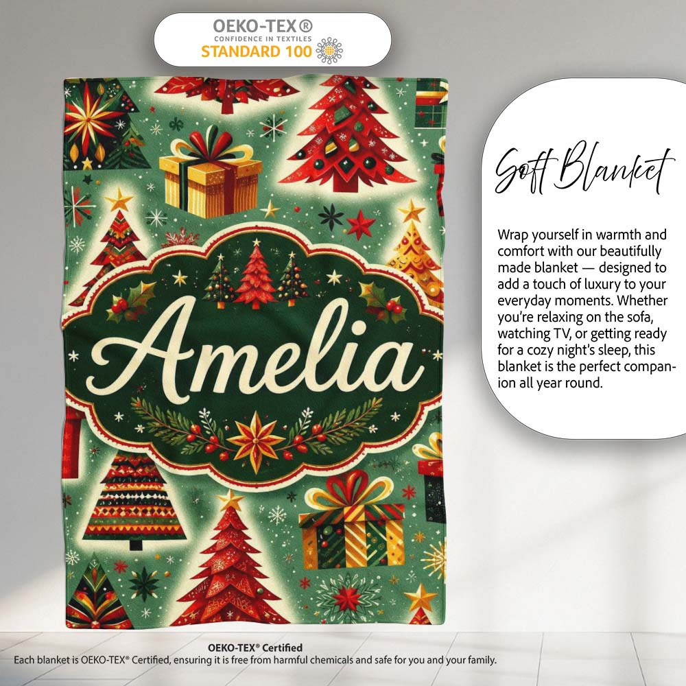 Colorful Christmas Trees Gifts Snowflakes Festive Holiday Seamless Personalised Custom Name Super Soft Fleece Blanket Bed Sofa Throw