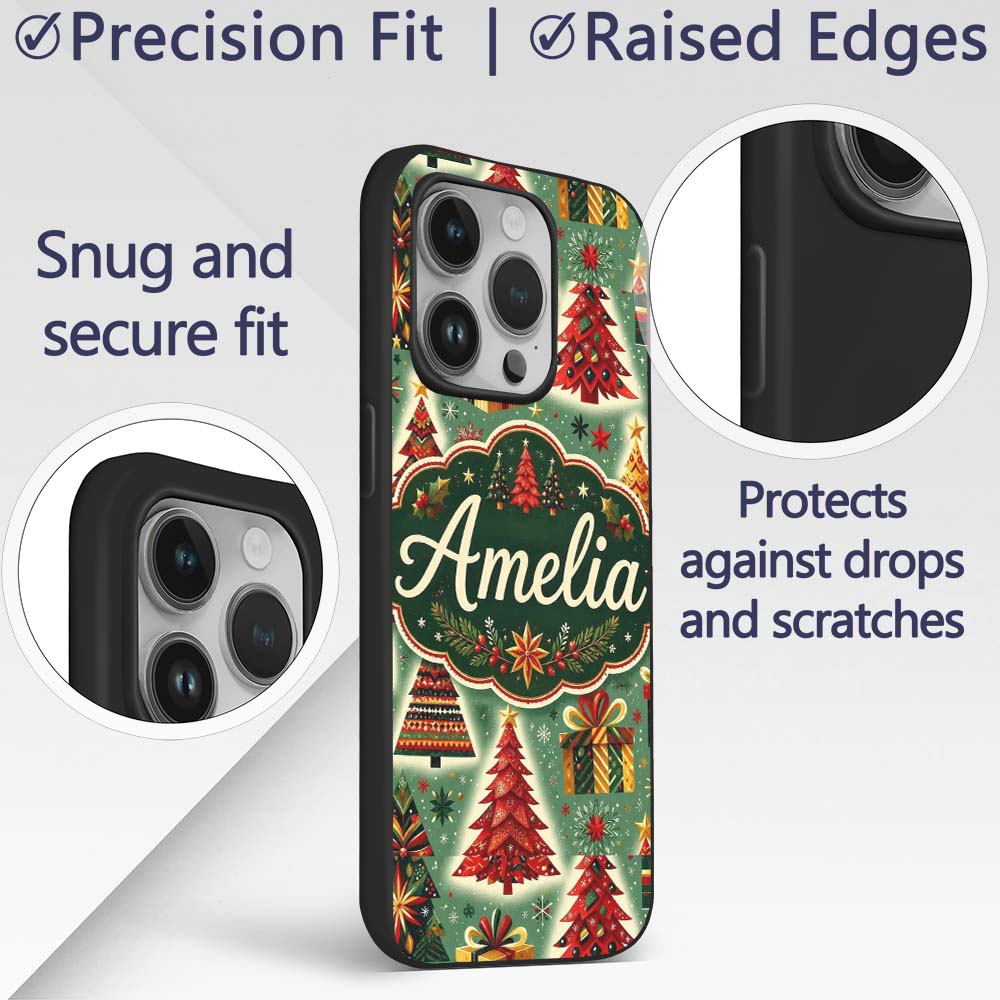 Colorful Christmas Trees Gifts Snowflakes Festive Custom Name Protective Phone Case Mobile Cover Durable Everyday Smartphone Shock Resistant