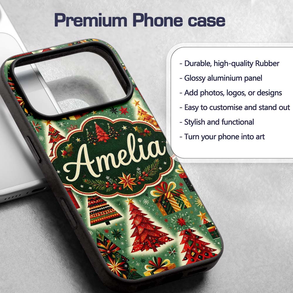 Colorful Christmas Trees Gifts Snowflakes Festive Custom Name Protective Phone Case Mobile Cover Durable Everyday Smartphone Shock Resistant