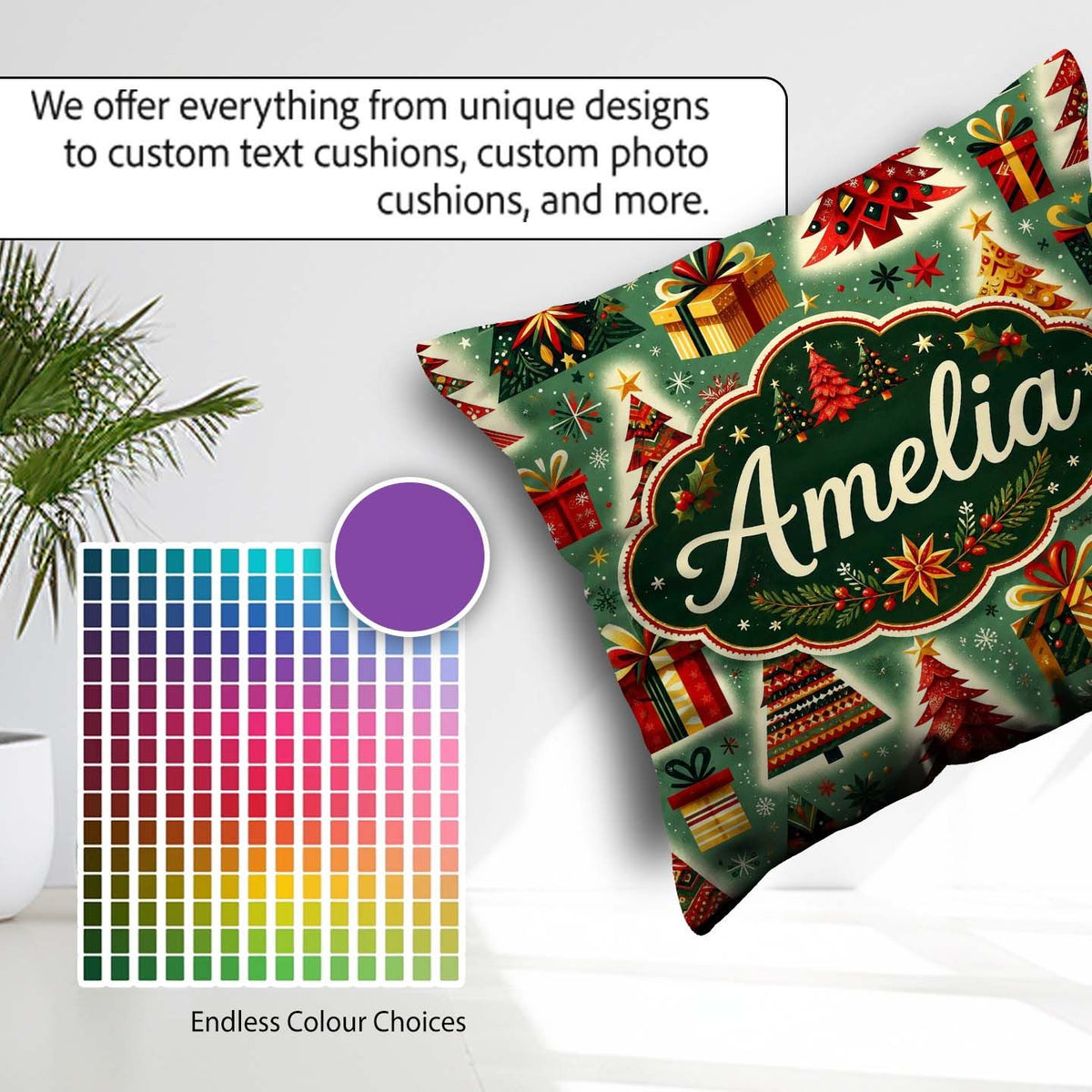 Custom Name Colorful Christmas Trees Snowflakes Festive Seamless Square Filled Cushion Throw Pillow Sofa Bed Home Decor Zip Washable UK Made