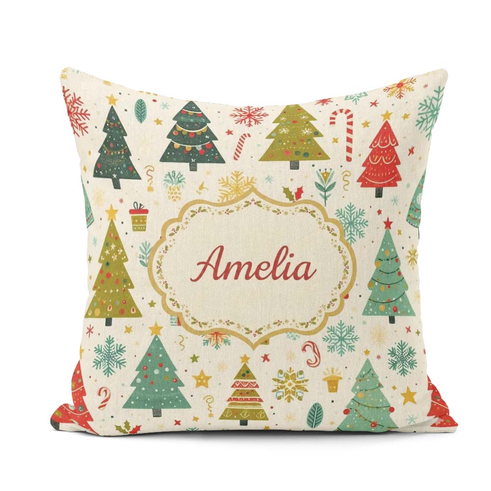 Custom Name Whimsical Christmas Trees Candy Snowflakes Seamless Square Filled Cushion Throw Pillow Sofa Bed Home Decor Zip Washable UK Made