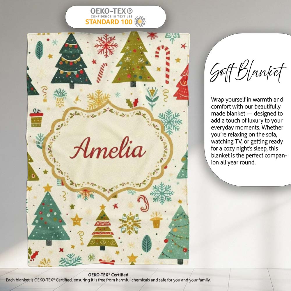 Whimsical Christmas Trees Candy Canes Snowflakes Holiday Seamless Personalised Custom Name Super Soft Fleece Blanket Bed Sofa Throw
