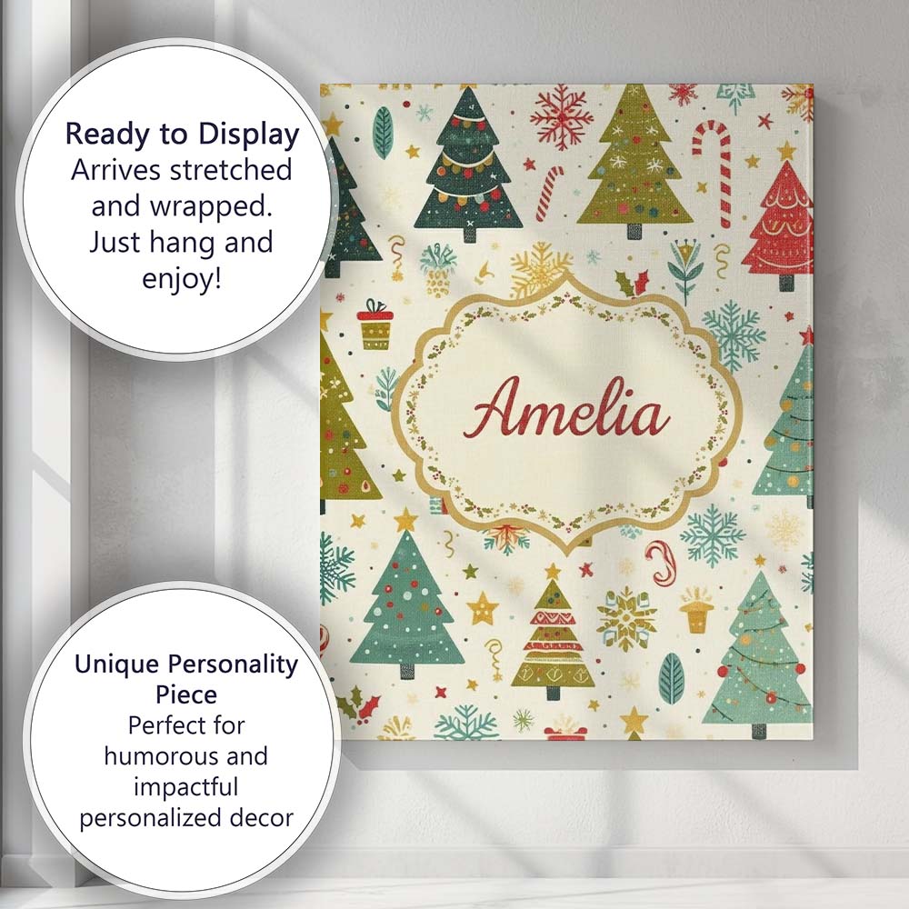 Personalised Name Whimsical Christmas Trees Custom Bespoke Interior Contemporary Canvas Wall Art Print Decor Picture Ready to Hang
