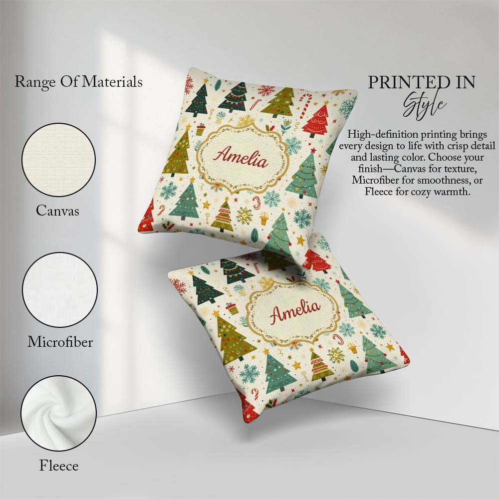Custom Name Whimsical Christmas Trees Candy Snowflakes Seamless Square Filled Cushion Throw Pillow Sofa Bed Home Decor Zip Washable UK Made
