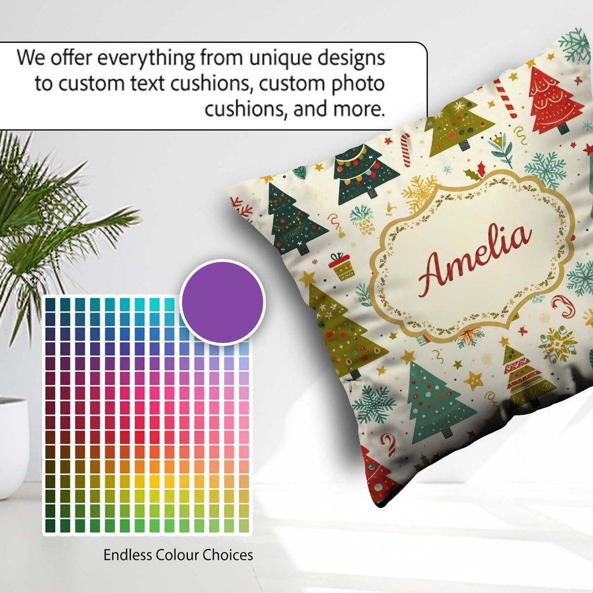 Custom Name Whimsical Christmas Trees Candy Snowflakes Seamless Square Filled Cushion Throw Pillow Sofa Bed Home Decor Zip Washable UK Made