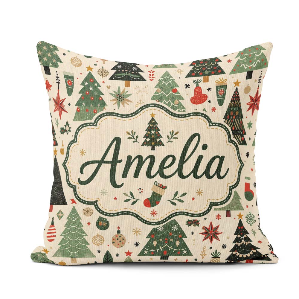 Custom Name Scandinavian Christmas Trees Snowflakes Cozy Holiday Square Filled Cushion Throw Pillow Sofa Bed Home Decor Zip Washable UK Made