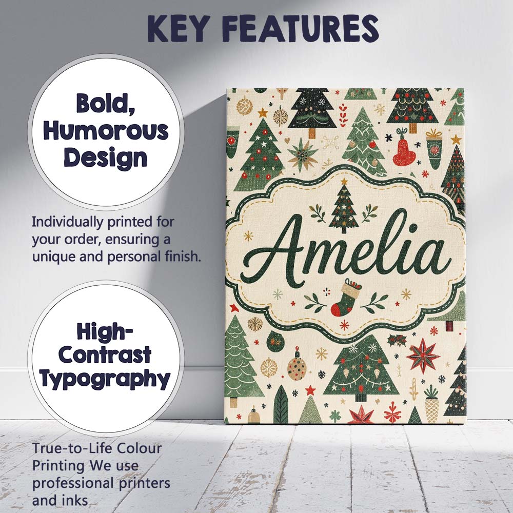 Personalised Name Scandinavian Christmas Custom Unique Gift Idea Elegant Feature Canvas Wall Art Print Decor Picture Ready to Hang