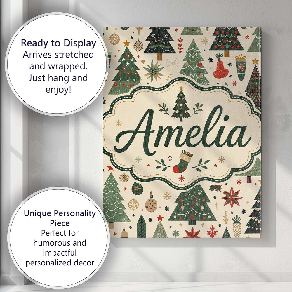 Personalised Name Scandinavian Christmas Custom Unique Gift Idea Elegant Feature Canvas Wall Art Print Decor Picture Ready to Hang