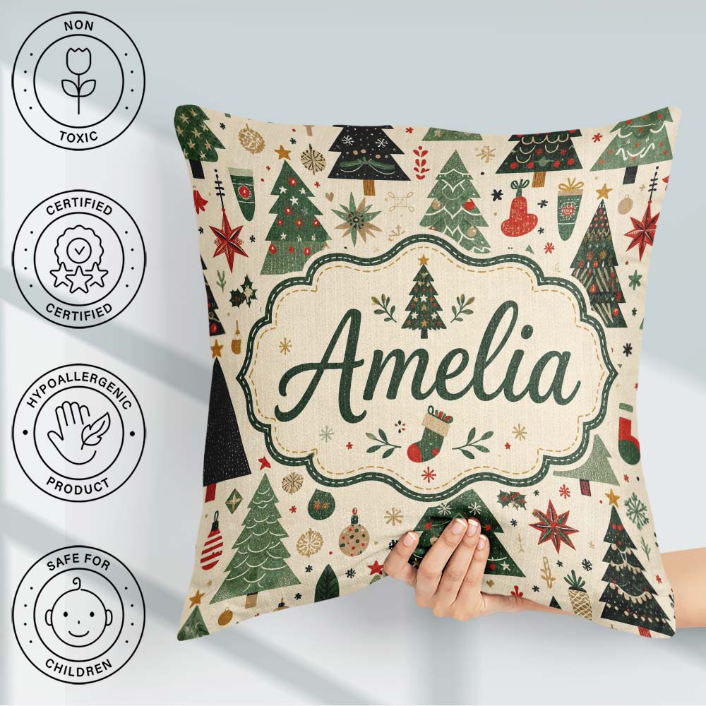 Custom Name Scandinavian Christmas Trees Snowflakes Cozy Holiday Square Filled Cushion Throw Pillow Sofa Bed Home Decor Zip Washable UK Made