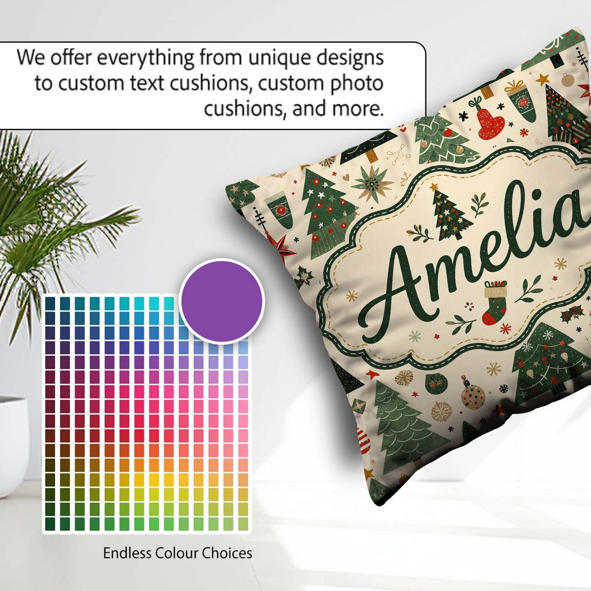 Custom Name Scandinavian Christmas Trees Snowflakes Cozy Holiday Square Filled Cushion Throw Pillow Sofa Bed Home Decor Zip Washable UK Made