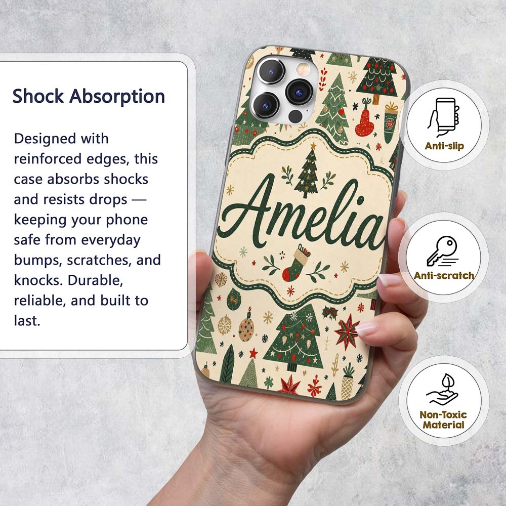 Scandinavian Christmas Trees Ornaments Snowflakes Custom Name Protective Phone Case Mobile Cover Durable Everyday Smartphone Shock Resistant