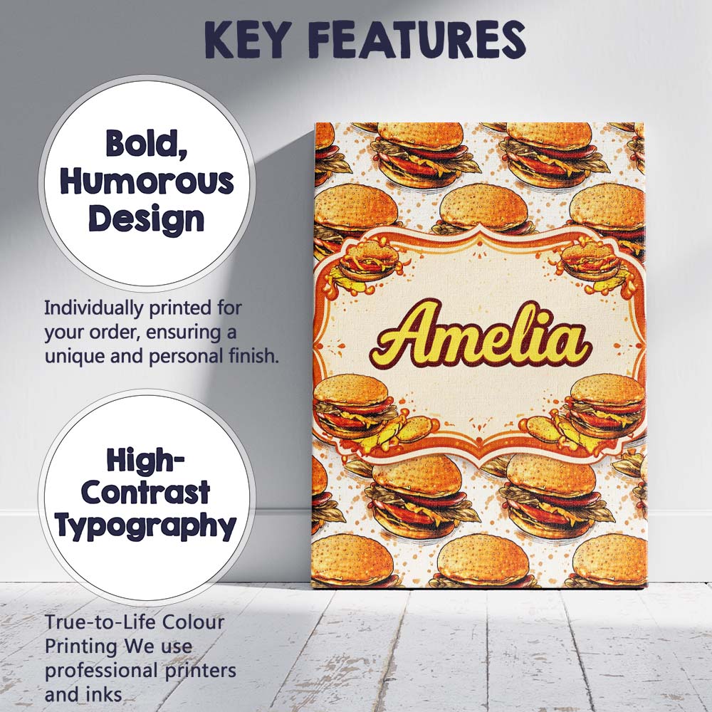 Personalised Name Sketch Style Burger Seamless Pattern Fast Food Custom Interior Canvas Wall Art Print Decor Picture Ready to Hang