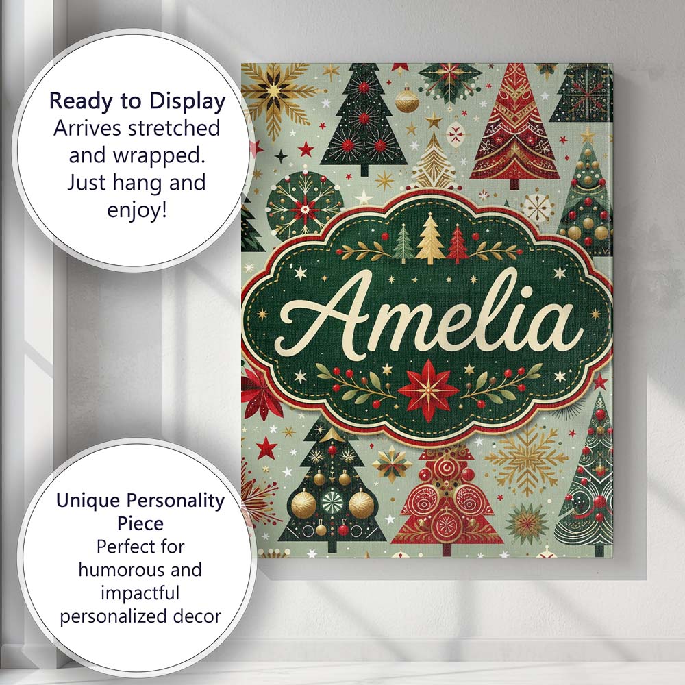 Personalised Name Elegant Festive Christmas Custom Bespoke Interior Contemporary Canvas Wall Art Print Decor Picture Ready to Hang