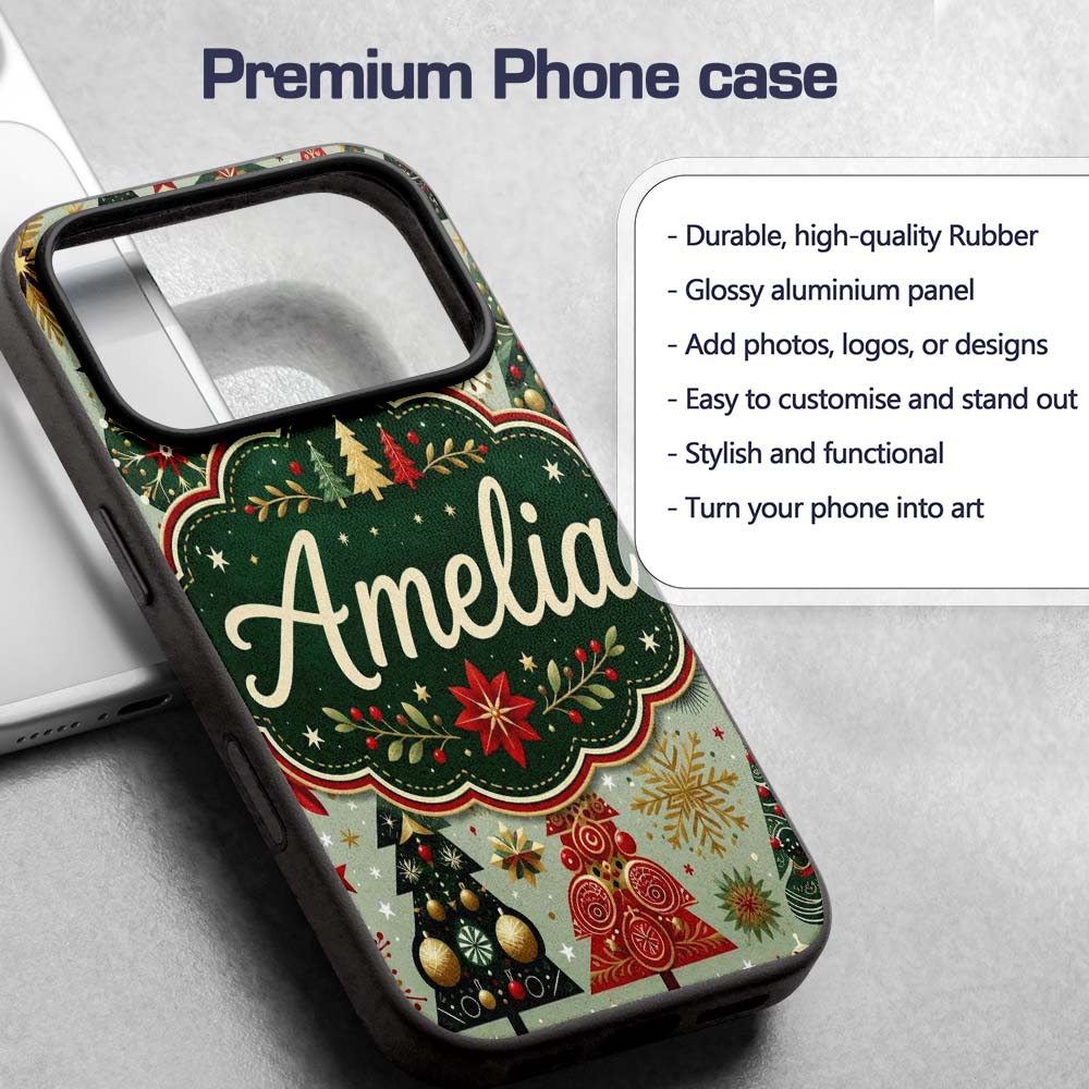 Elegant Festive Christmas Trees Snowflakes Gold Custom Name Protective Phone Case Mobile Cover Durable Everyday Smartphone Shock Resistant