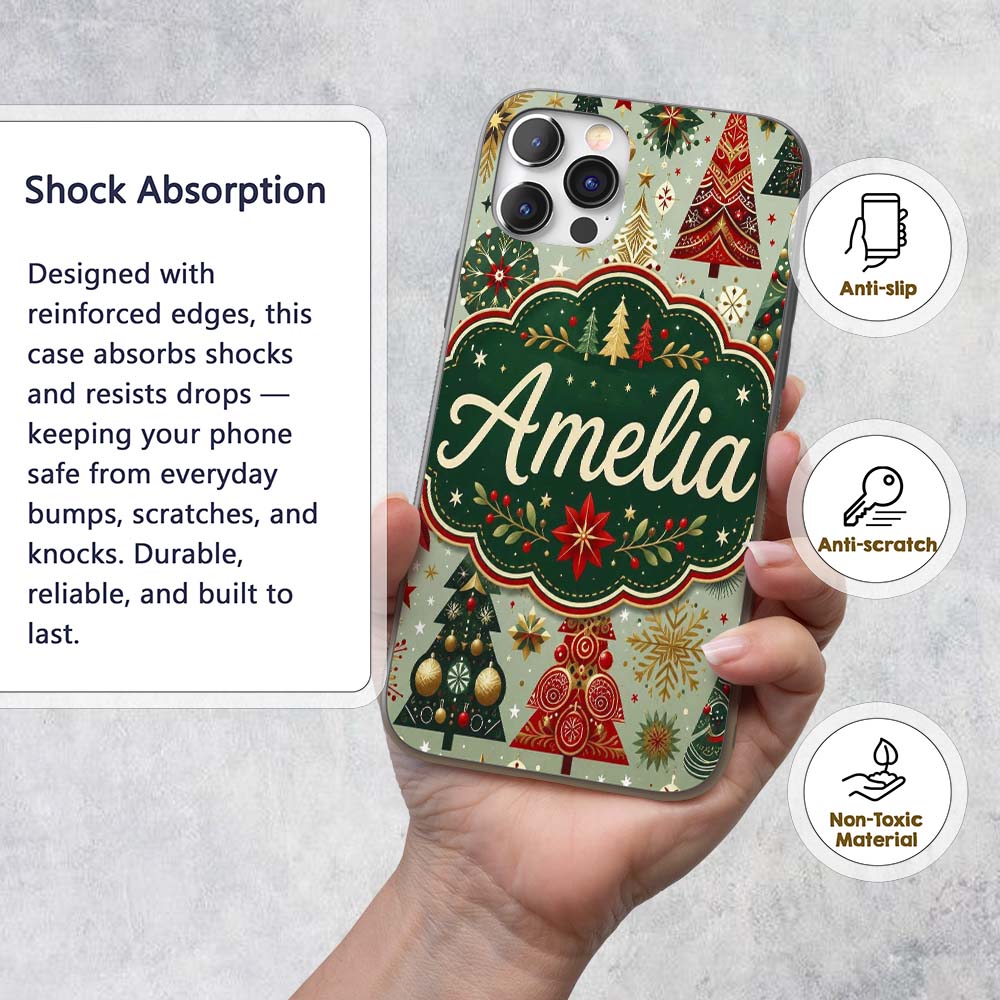 Elegant Festive Christmas Trees Snowflakes Gold Custom Name Protective Phone Case Mobile Cover Durable Everyday Smartphone Shock Resistant