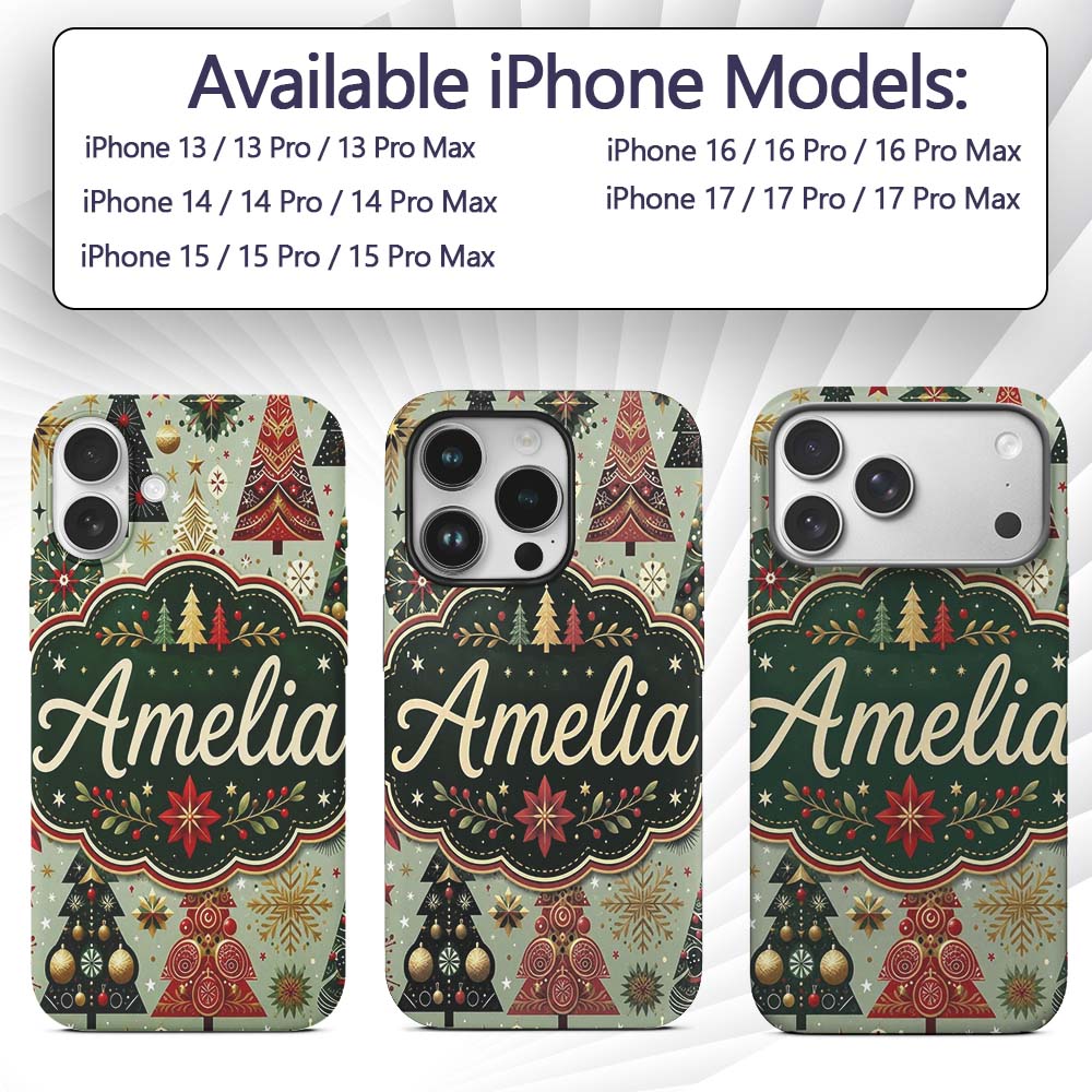 Elegant Festive Christmas Trees Snowflakes Gold Custom Name Protective Phone Case Mobile Cover Durable Everyday Smartphone Shock Resistant