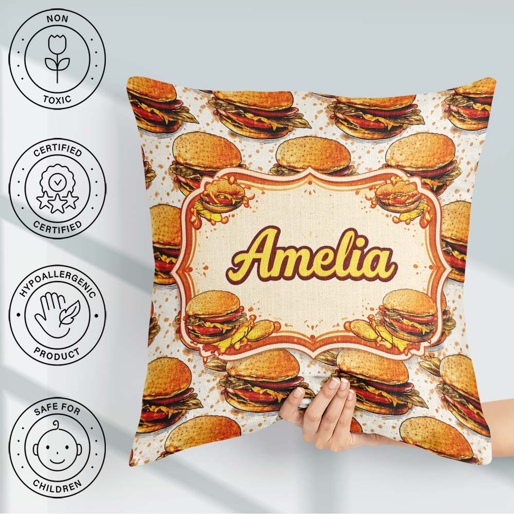 Custom Name Sketch Style Seamless Pattern Fast Food Illustration Square Filled Cushion Throw Pillow Sofa Bed Home Decor Zip Washable UK Made