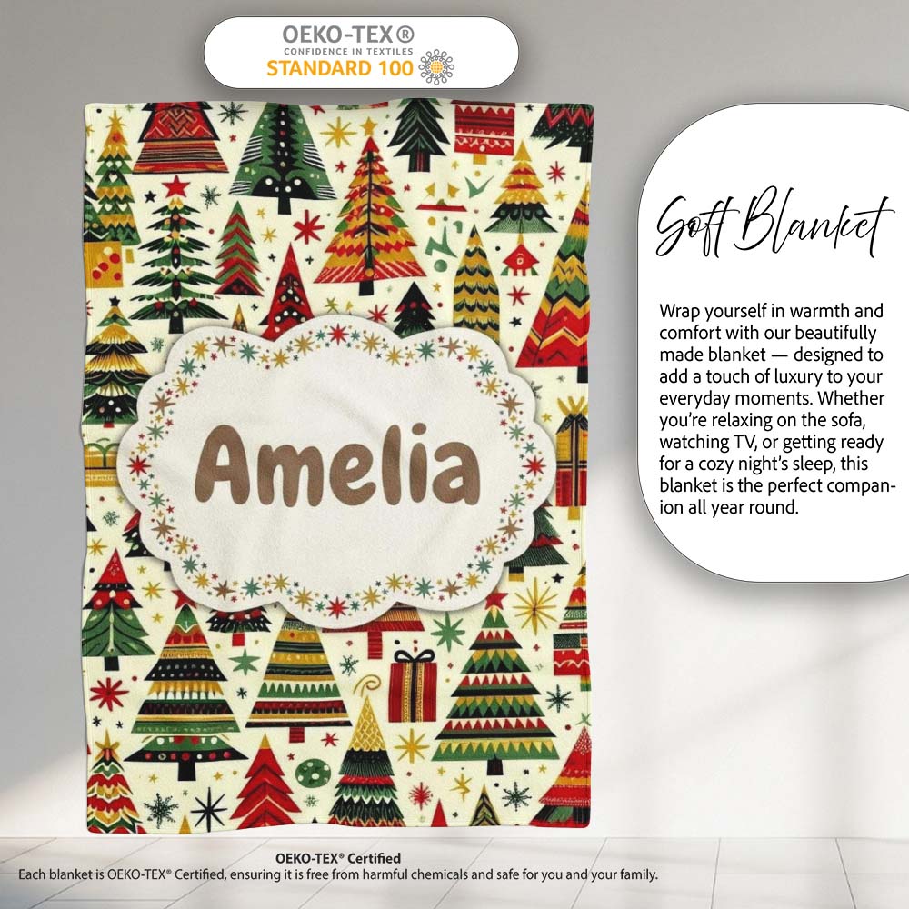 Vibrant Nordic Christmas Trees Gifts Stars Festive Holiday Seamless Personalised Custom Name Super Soft Fleece Blanket Bed Sofa Throw