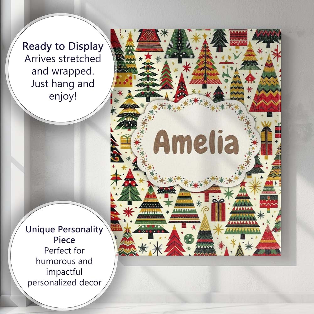 Personalised Name Vibrant Nordic Christmas Custom Unique Gift Idea Elegant Feature Canvas Wall Art Print Decor Picture Ready to Hang