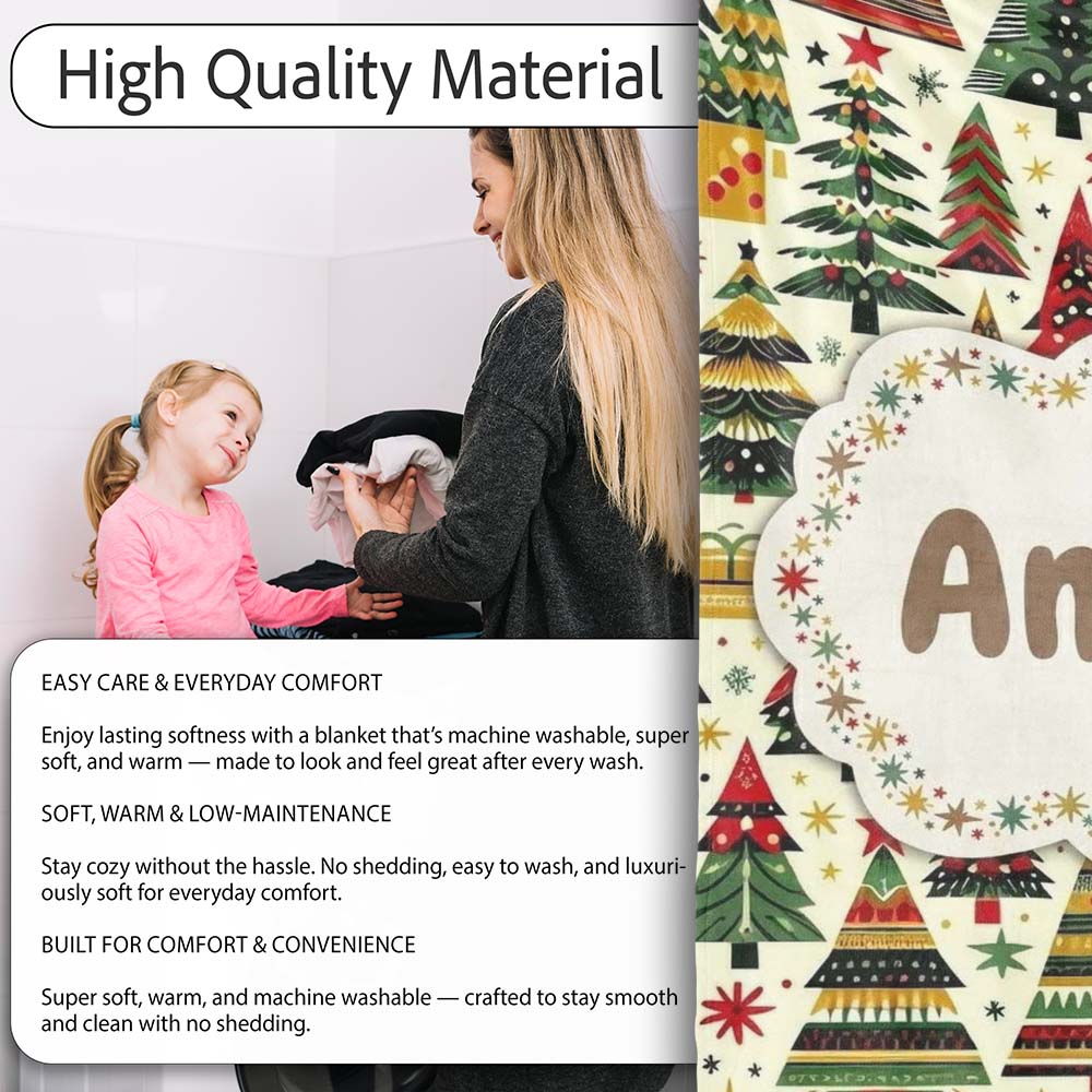 Vibrant Nordic Christmas Trees Gifts Stars Festive Holiday Seamless Personalised Custom Name Super Soft Fleece Blanket Bed Sofa Throw