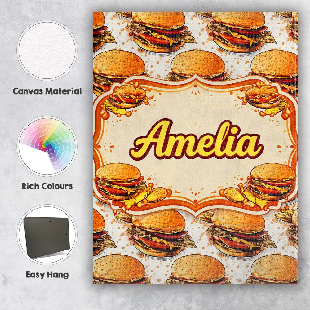 Personalised Name Sketch Style Burger Seamless Pattern Fast Food Custom Interior Canvas Wall Art Print Decor Picture Ready to Hang