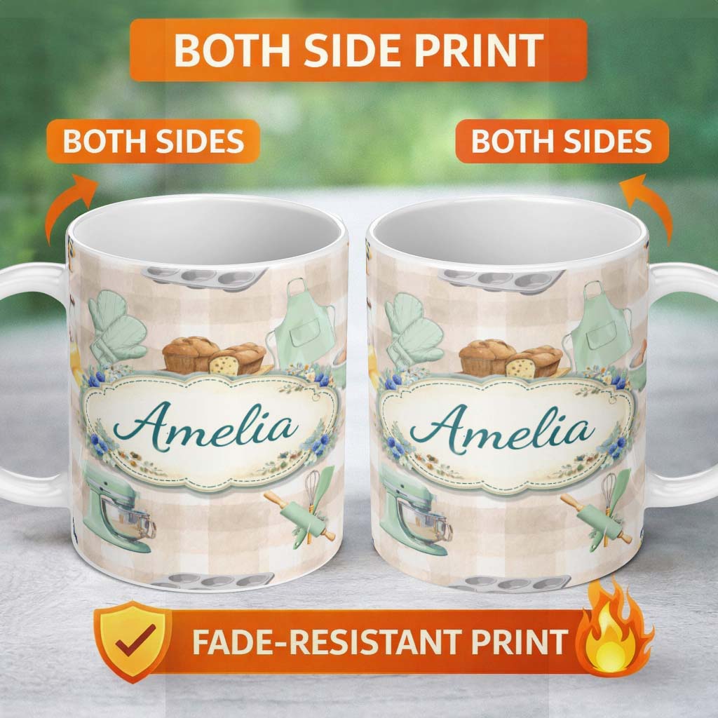 Personalized Custom Name Baking Kitchen Tools Seamless Pattern Beige Background Cooking 11oz Ceramic Coffee Tea Mug White Large Handle