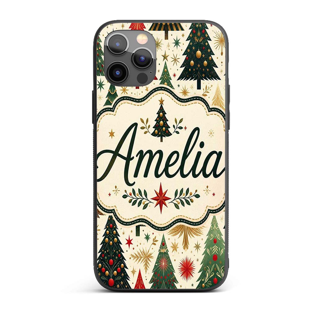 Elegant Christmas Trees Gold Green Red Stars Custom Name Protective Phone Case Mobile Cover Durable Everyday Smartphone Shock Resistant