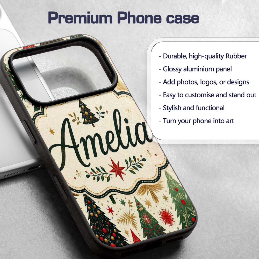 Elegant Christmas Trees Gold Green Red Stars Custom Name Protective Phone Case Mobile Cover Durable Everyday Smartphone Shock Resistant