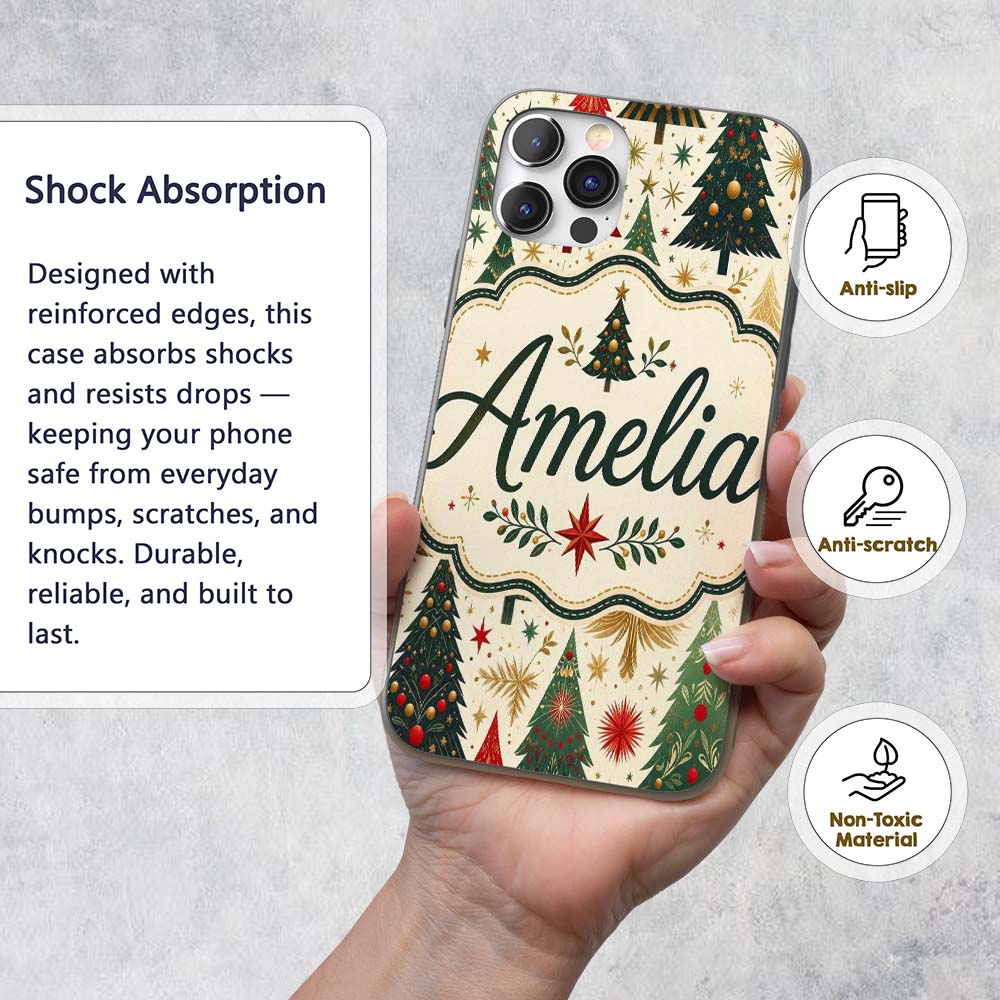 Elegant Christmas Trees Gold Green Red Stars Custom Name Protective Phone Case Mobile Cover Durable Everyday Smartphone Shock Resistant