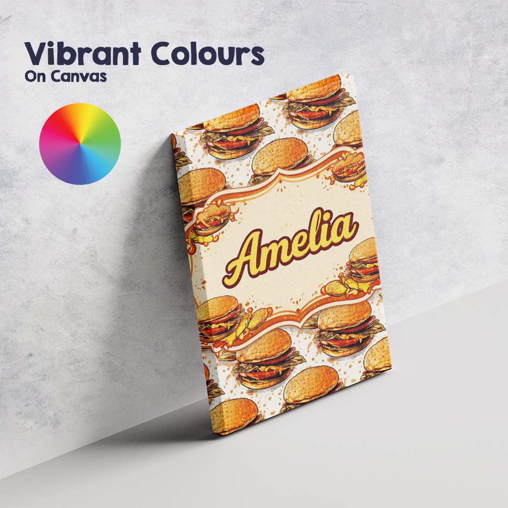 Personalised Name Sketch Style Burger Seamless Pattern Fast Food Custom Interior Canvas Wall Art Print Decor Picture Ready to Hang