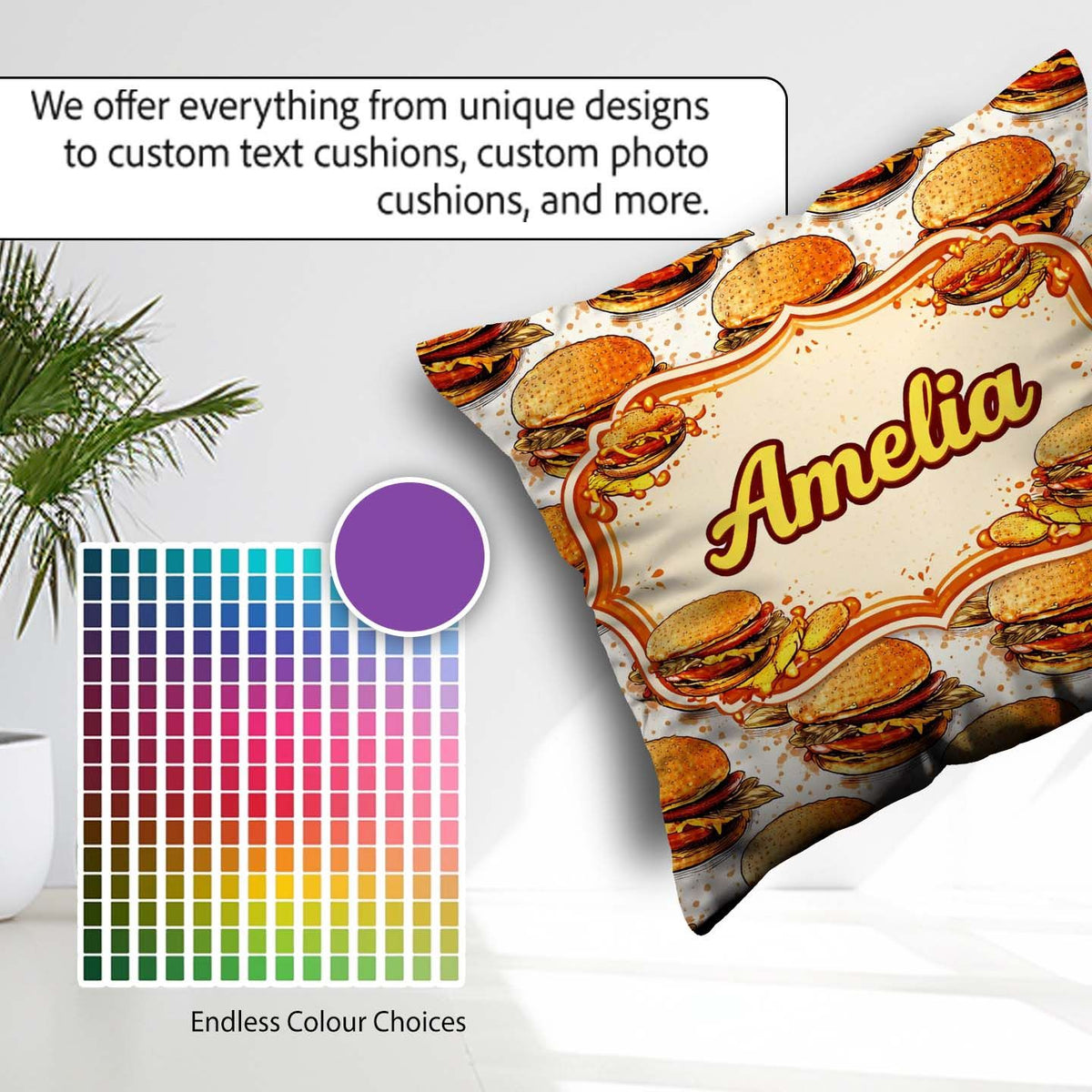 Custom Name Sketch Style Seamless Pattern Fast Food Illustration Square Filled Cushion Throw Pillow Sofa Bed Home Decor Zip Washable UK Made