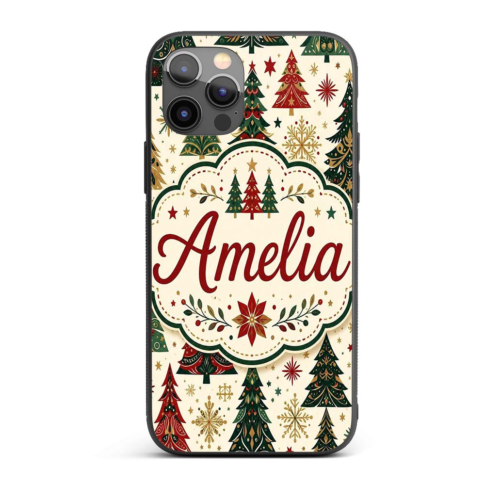 Ornate Christmas Trees Snowflakes Stars Vintage Custom Name Protective Phone Case Mobile Cover Durable Everyday Smartphone Shock Resistant