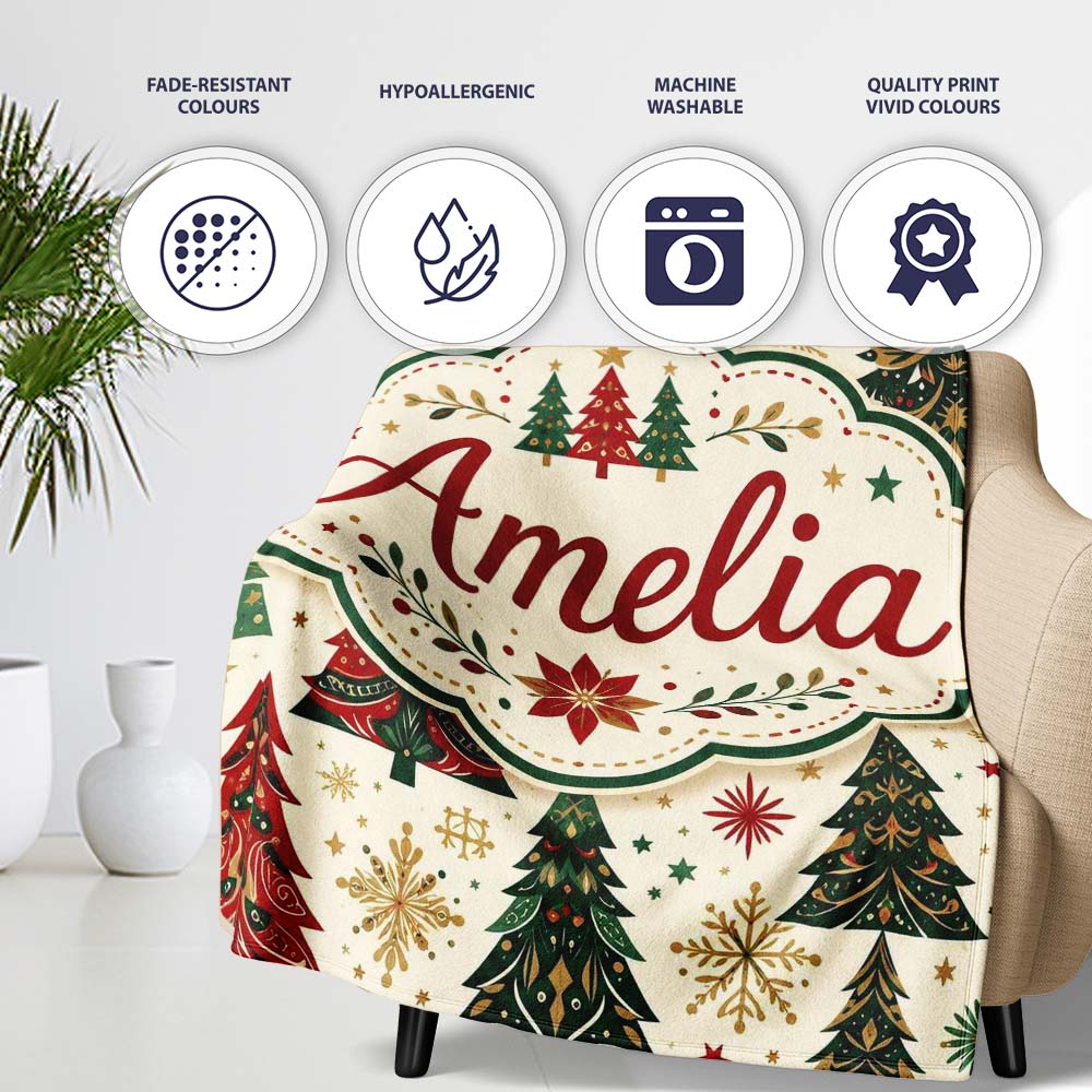 Ornate Christmas Trees Snowflakes Stars Vintage Holiday Seamless Personalised Custom Name Super Soft Fleece Blanket Bed Sofa Throw