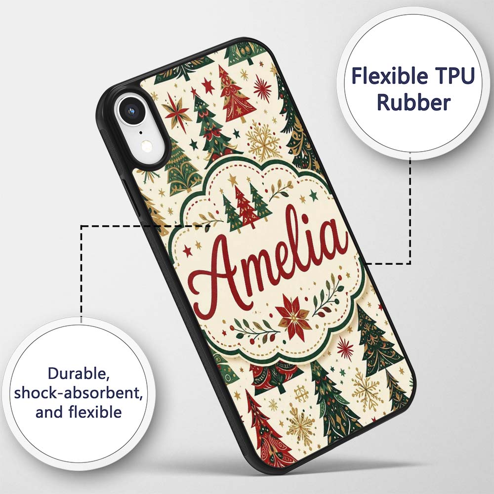 Ornate Christmas Trees Snowflakes Stars Vintage Custom Name Protective Phone Case Mobile Cover Durable Everyday Smartphone Shock Resistant